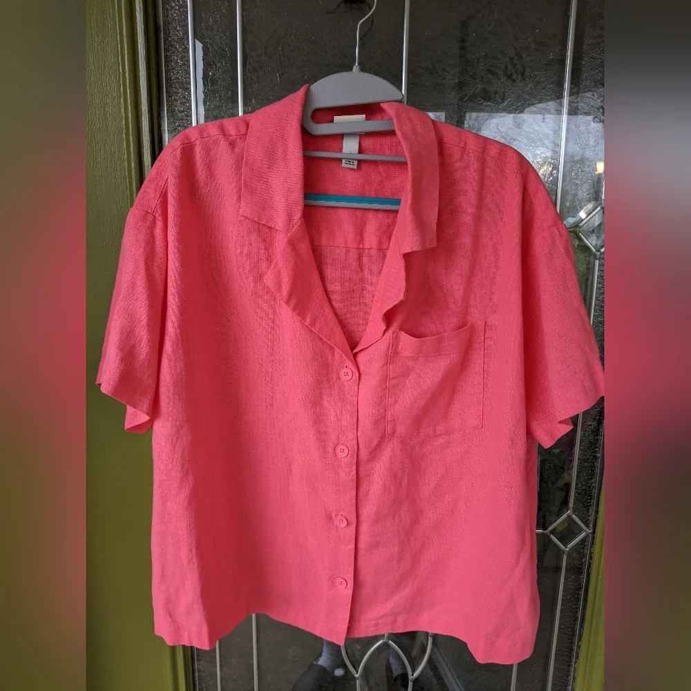 A New Day Linen Short Sleeve Button-Down Boxy Camp Shirt Women's Large Pink - Picture 4 of 11